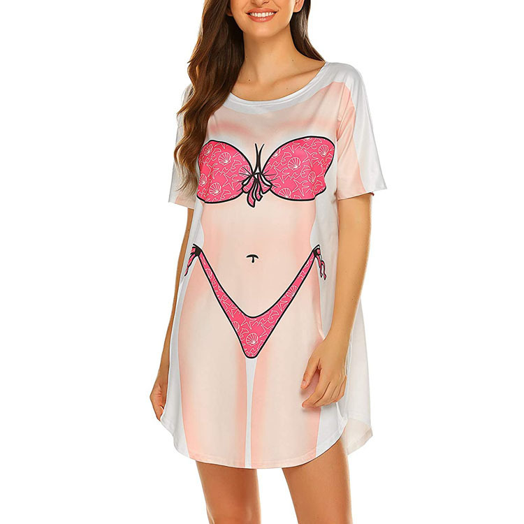 Cross-Border Amazon European and American Clothing Bikini Cover-Up Dress Short-Sleeved Fun Printed Loose T-Shirt Nightgown for Women