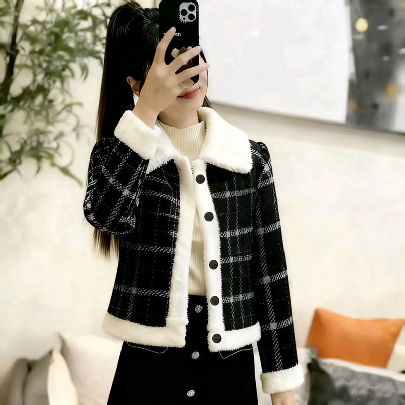 小香风名媛超仙红色格纹外套女秋冬圣诞夹棉加绒加厚过年百搭上衣