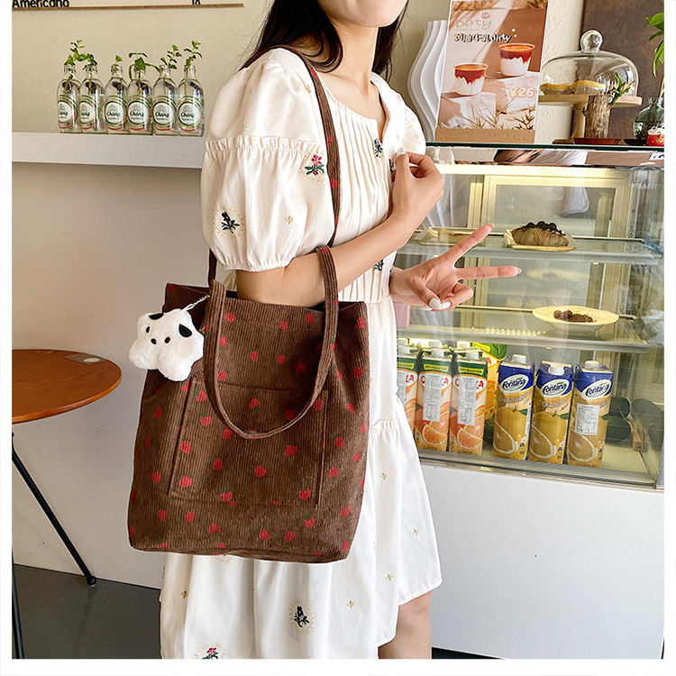 375g Weight Polyester Lining Material Magnetic Buckle Closure Type Double Shoulder Straps Strap Type Bucket Bag Bags Type Holiday, Daily Occasion Corduroy Material Strawberry Pattern Spring&Summer Season Women's Gender Cute Style Square Shape Medium Size Women's Medium Corduroy Strawberry Cute Square Magnetic Buckle Bucket Bag 9