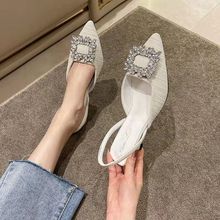方扣水钻包头凉鞋女夏季细跟尖头仙女风无后跟猫跟一字带高跟凉拖