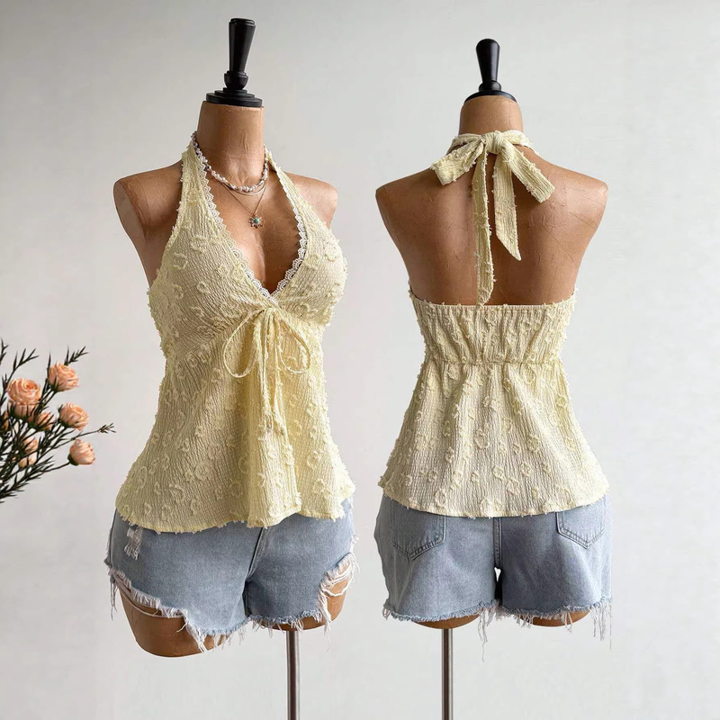 Women's Tanks Camis Women's Swiss Dot Textured Backless Camisole Top with Sexy Bow