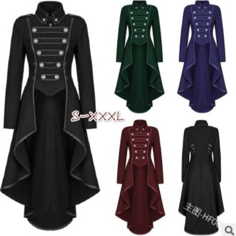 Old Medieval Style Simple Cosplay Gown, Long-Sleeved, Multi-Button Tuxedo, Turn-Down Collar, Irregular Hem, Vintage Long Style