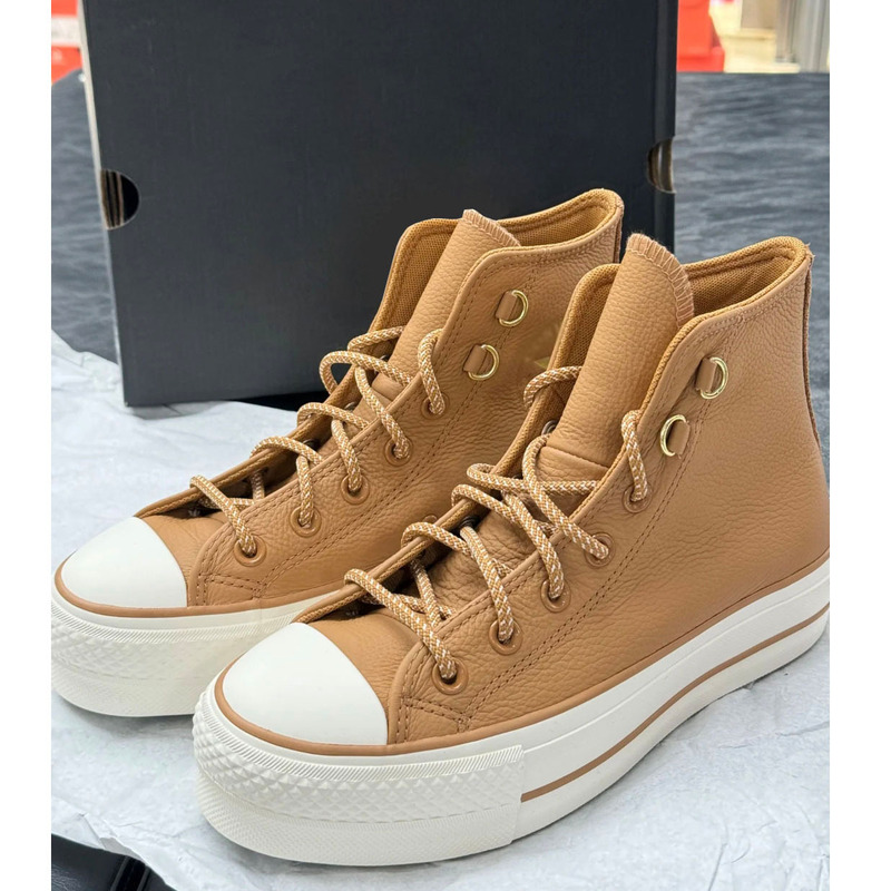 Meiqi Converse Ctas Lift Hi Caramel Brown White Pink Thick-Soled Lychee Leather High-Top Shoes A14518C