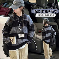 女童韩国撞色翻领毛衣秋冬季2025新款儿童男孩条纹时髦针织衫上衣