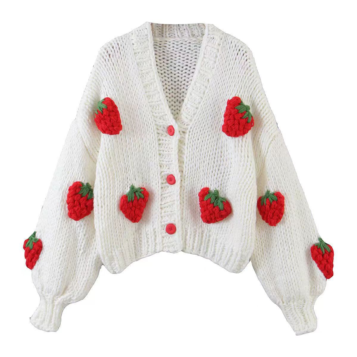 Directo de fábrica Comercio Exterior Europeo y Americano nuevos accesorios de fresa de punto cardigan suéter de las mujeres V-cuello suelta linterna manga abrigo image 3