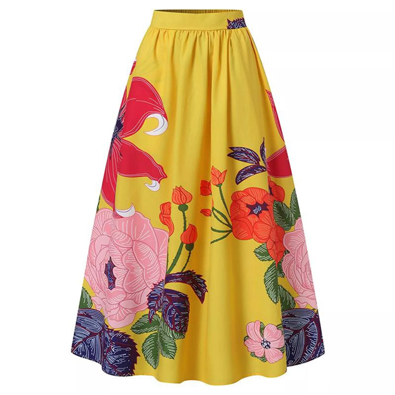 European And American Cross-border Foreign Trade Women's Skirt, Bohemian Floral Loose High-waisted Holiday Flared Pocket_ecoleips.com
