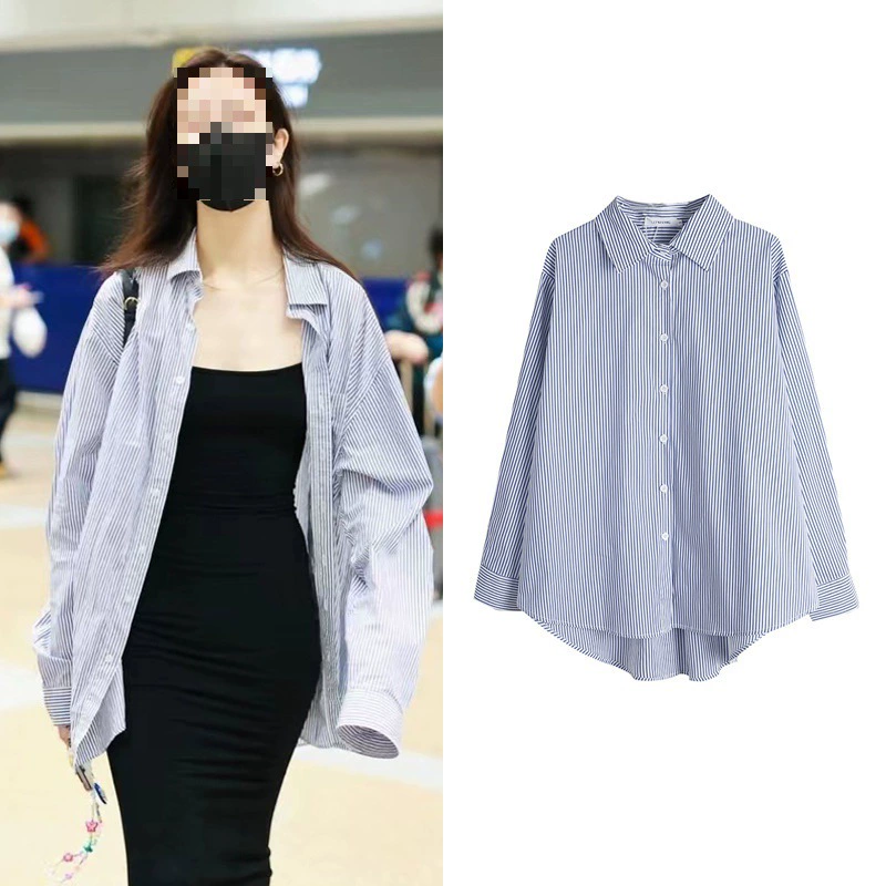 В наличии Song Yan Yu Shuxin Звезда же полосатая Свободная рубашка тонкий нижний Слинг платье костюм женщин