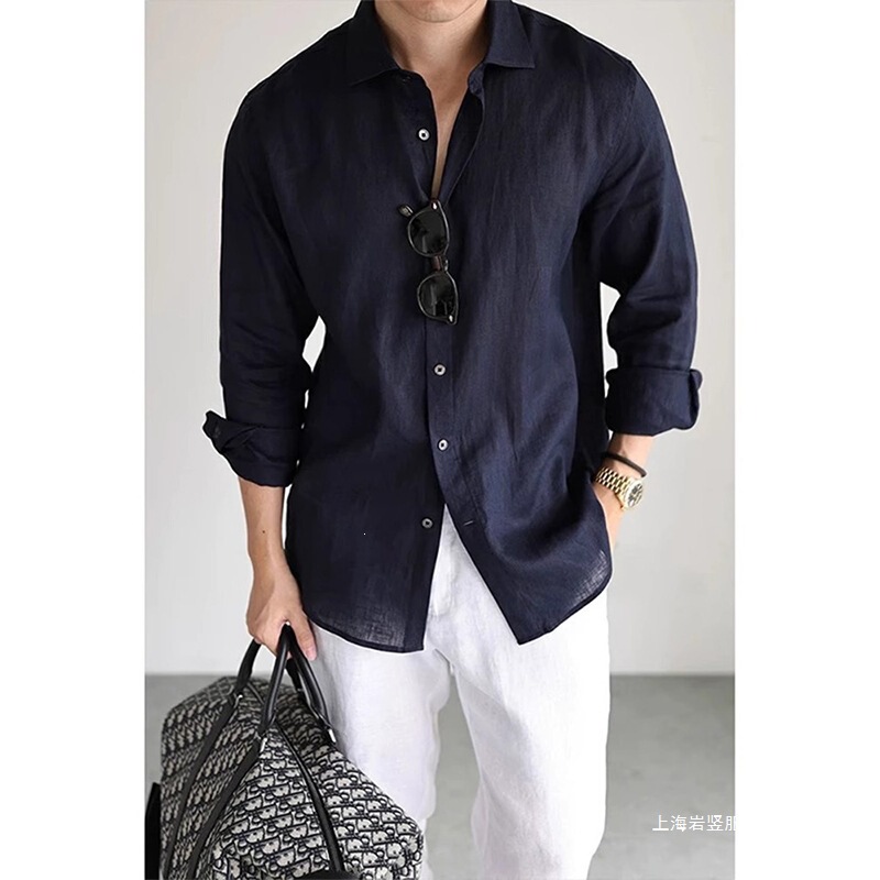 Navy Blue Thin Linen Shirt for Men, Summer New Style, Old Money Style, Long-Sleeve Shirt, Ice Silk Breathable Sun Protection Jacket Navy Blue Thin Linen Shirt for Men, Summer New Style, Old Money Style, Long-Sleeve Shirt, Ice Silk Breathable Sun Protection Jacket