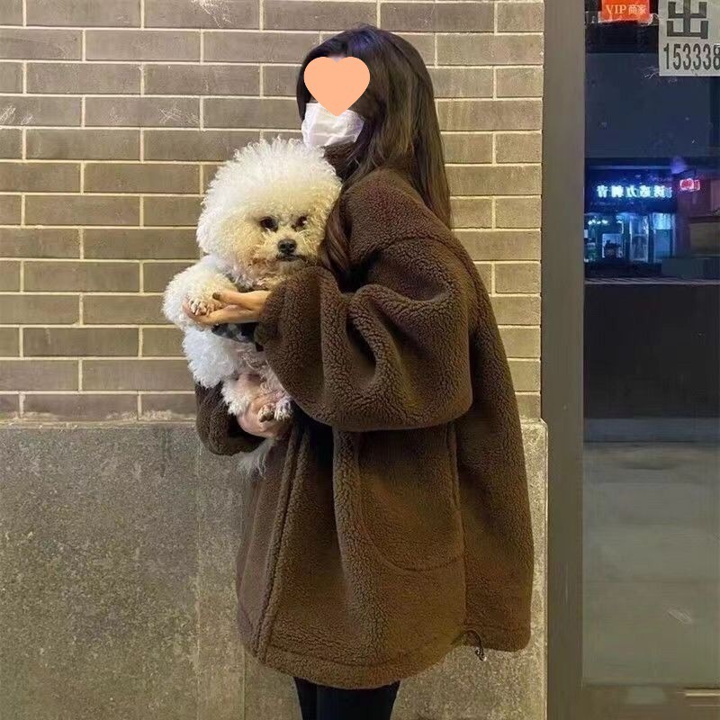 大码女装羊羔绒毛外套女秋冬季感外套加厚设计感小众上衣棕色|undefined