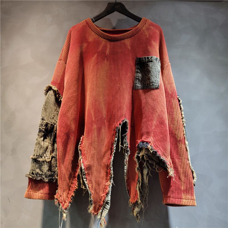 Personalidad de empalme irregular suéter retro hacer viejos atados teñidos de manga larga moda suéter de punto para mujeres otoño invierno