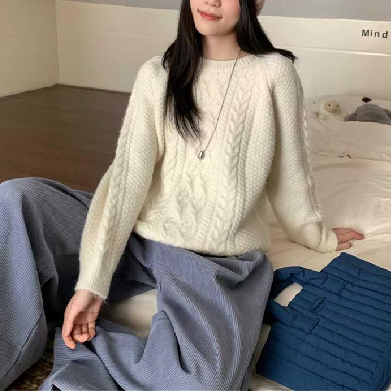 韩系温柔风插肩圆领麻花针织衫女秋冬新款纯色长袖套头毛衣打底衫|undefined