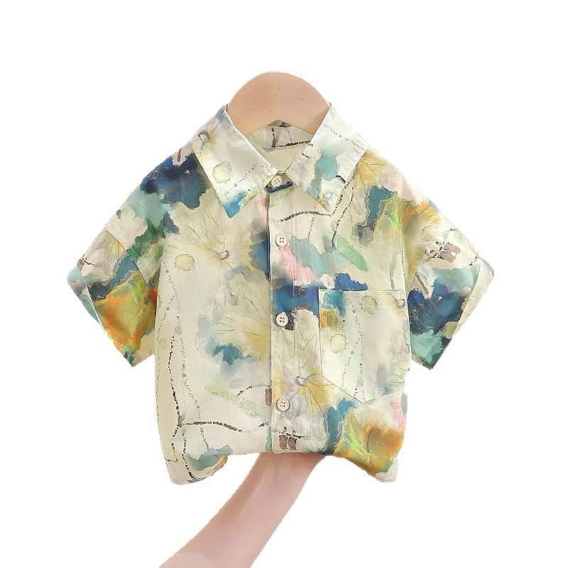 7847 Camisa de manga corta de verano para niños 2025 Camisa de pintura en tinta guapa para niños de nuevo estilo Camisa de media manga para bebés Tapa fina