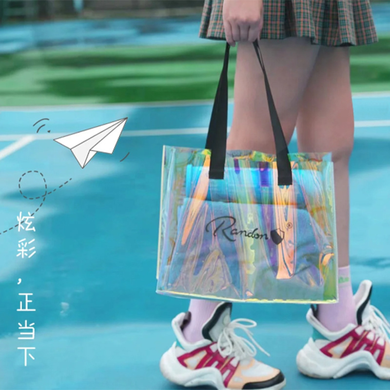 pvc镭射袋手提果冻包展会礼袋透明炫彩大容量防水沙滩包定制logo