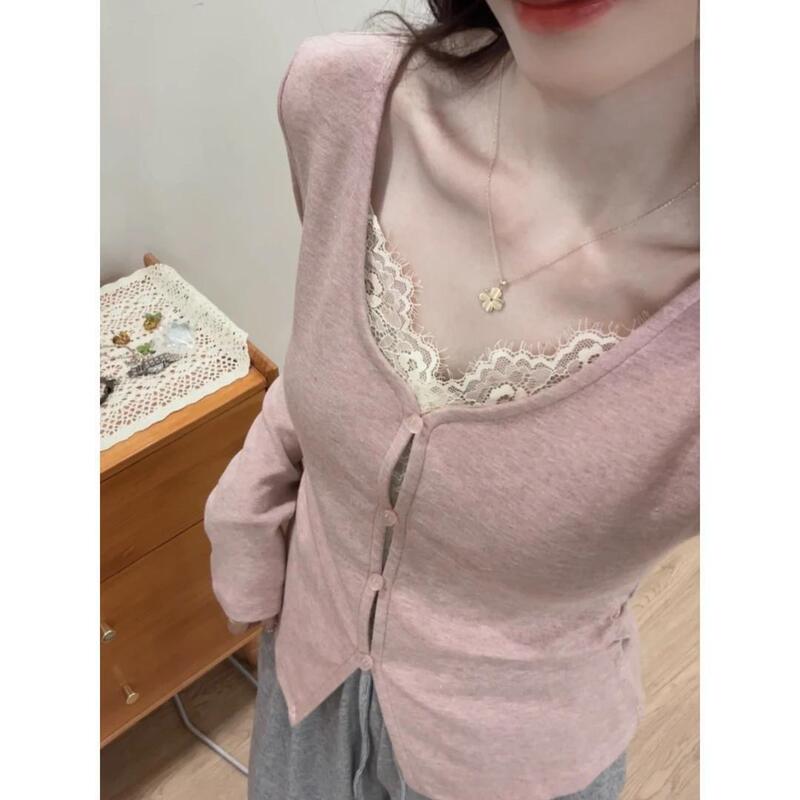 Pure Cotton Korean Style Pure Lust Style Lace Splicing Fake Two-Piece V-Neck Long-Sleeved T-Shirt for Women 2025 Spring New Versatile Top Pure Cotton Korean Style Pure Lust Style Lace Splicing Fake Two-Piece V-Neck Long-Sleeved T-Shirt for Women 2025 Spring New Versatile Top