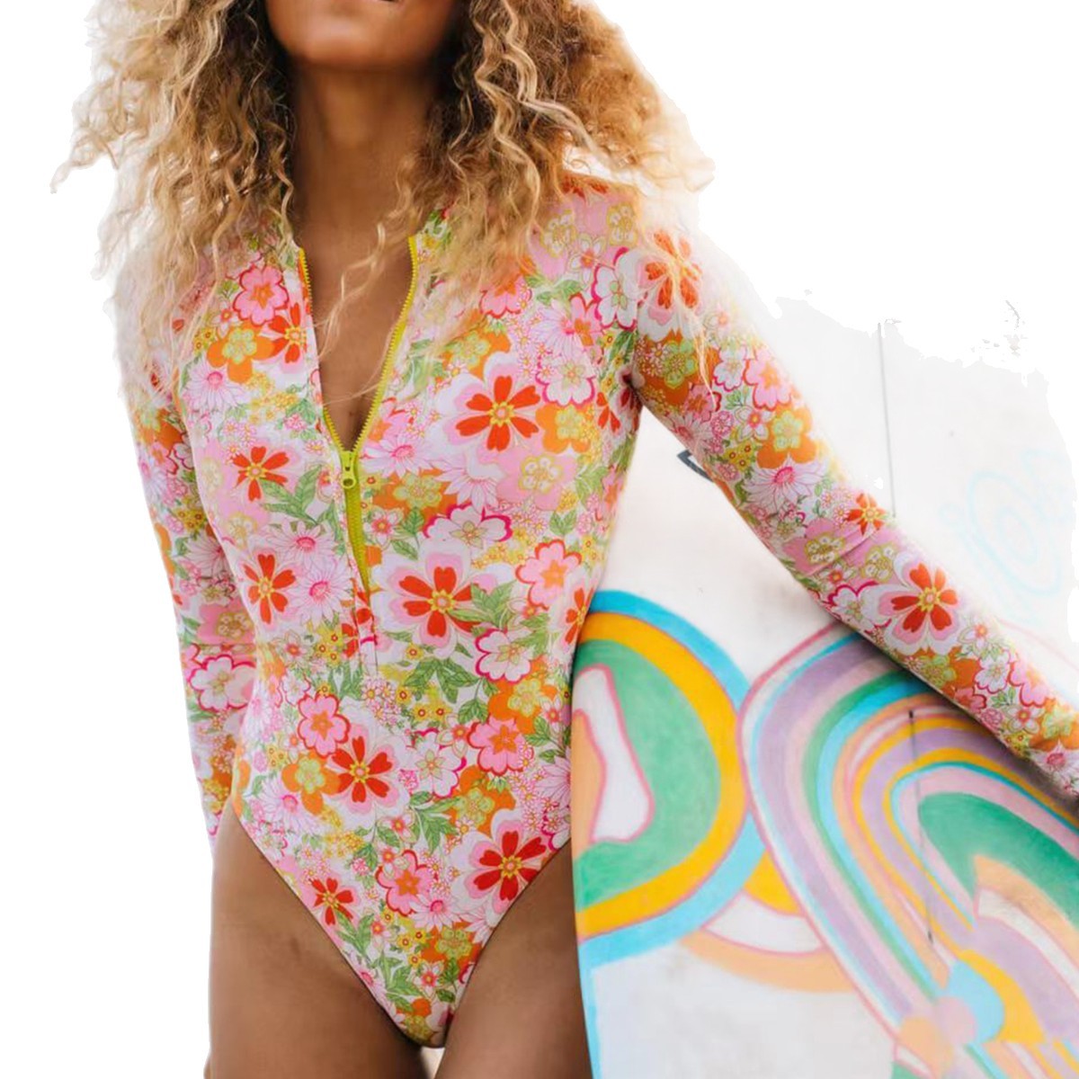 Women's Floral Print One Piece Swimsuit Long Sleeve Zipper Wetsuit Pink American Style Fashionable Bikini_ecoleips.com