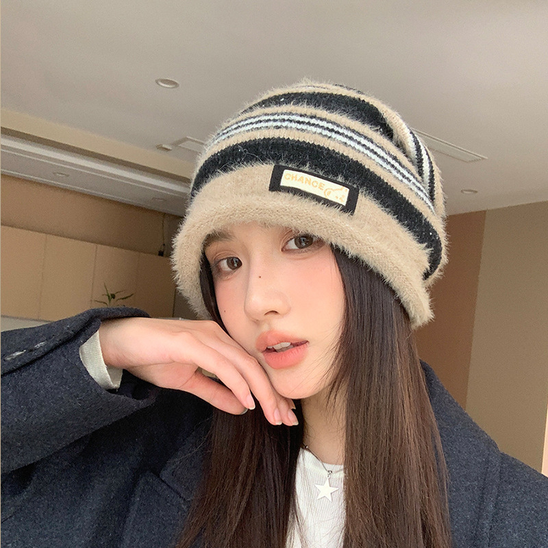 秋冬保暖显脸小堆堆帽女百搭防风针织帽大头围拼色条纹包头毛线帽|undefined