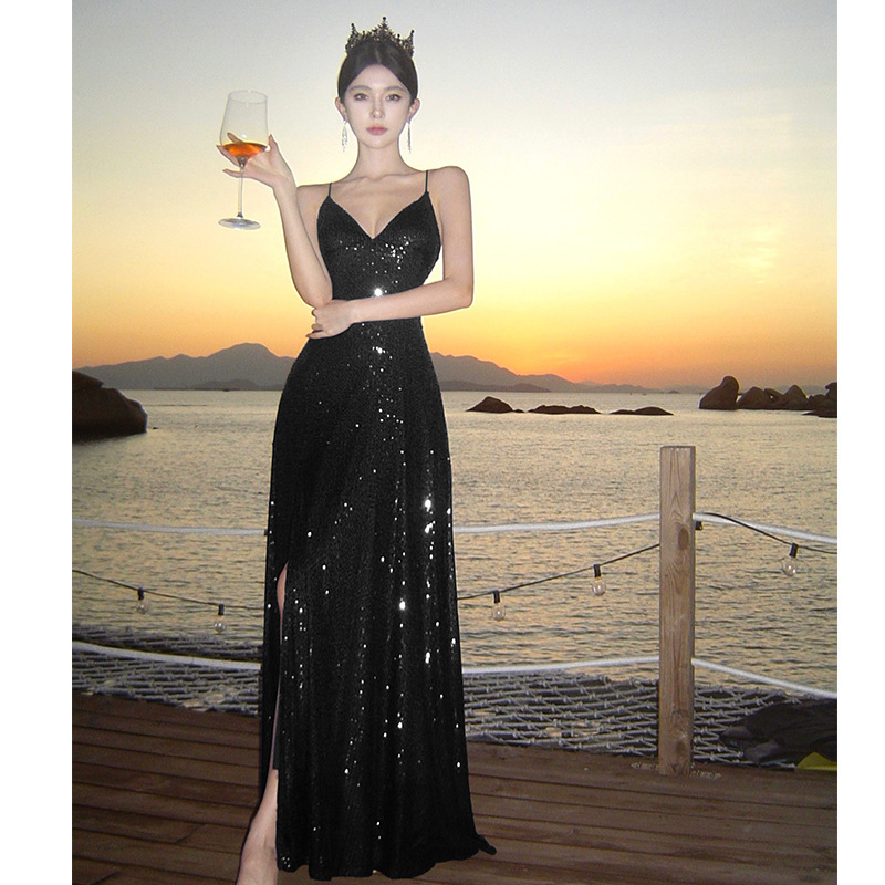 Yao Shi Night Birthday Banquet Graduation Evening Dress Floor-Length Suspender Sequin Skirt Adult Dress Long Floor-Length Dress