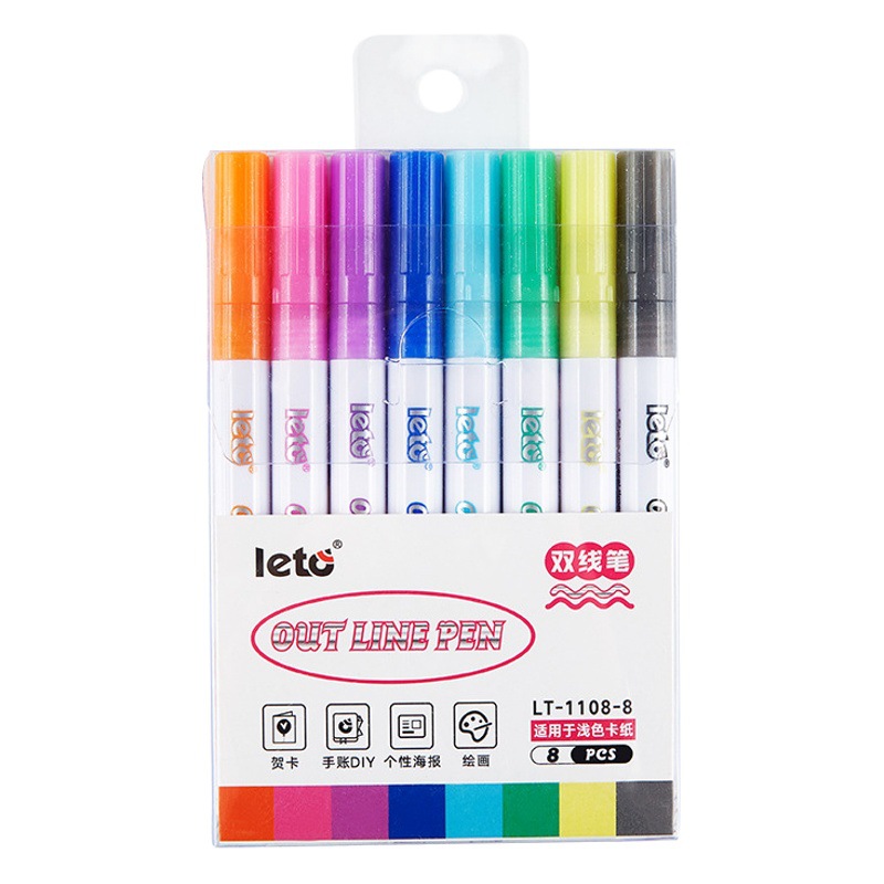 Tiktok Net Red Cross-Border pluma de doble línea de color DIY mano cuenta sueño contorno pluma marcador de color de metal 8 traje de color