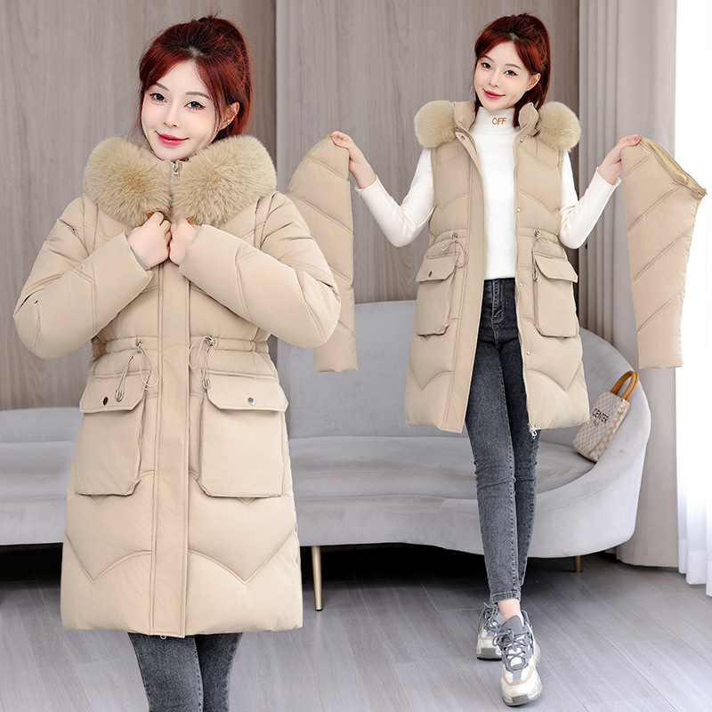 Mangas desmontables de comercio exterior ropa de algodón para mujeres 2025 nuevo invierno engrosado gran abrigo de algodón de cuello de cabello chaqueta de algodón para mujeres