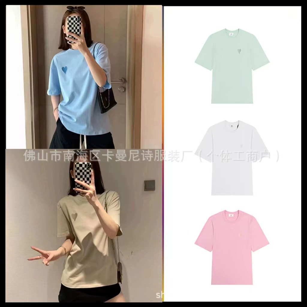 Chao Brand Am1 с короткими рукавами хлопок свободная макарон любящая вышивка футболка повседневная дикая рубашка с круглым вырезом для пары наряд 24