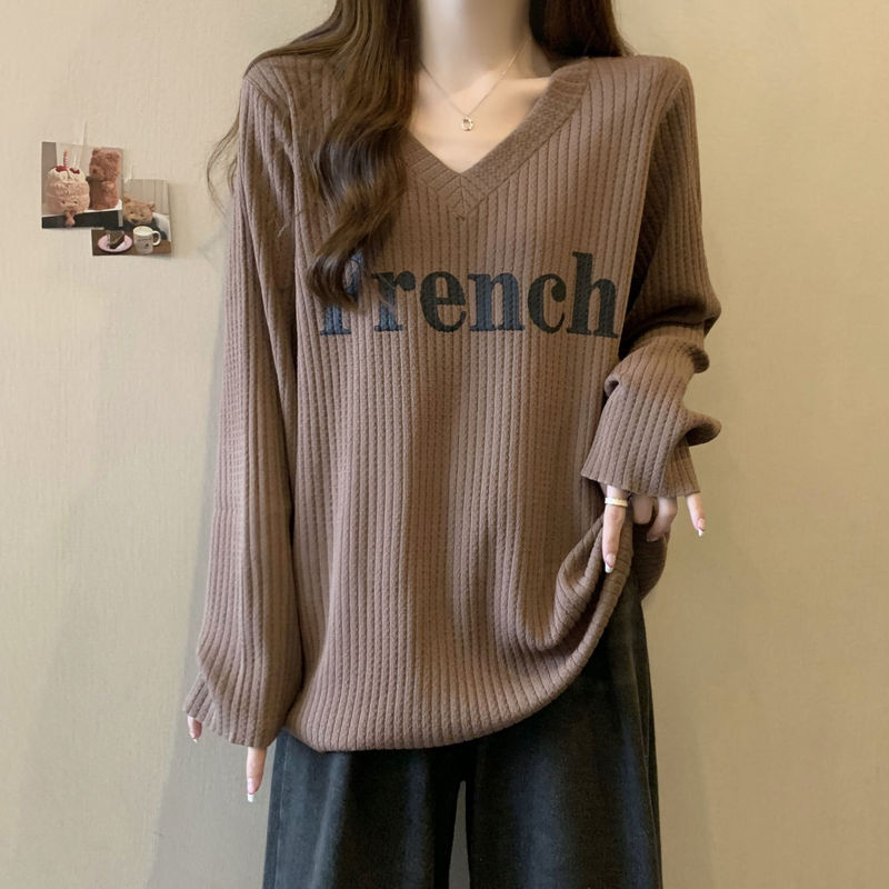 怠惰な風の大きいサイズのvネックのゆったりした長袖のtシャツの婦人服の早秋の新型の肉を遮ってカジュアルな中の長い上着の潮になります。|undefined