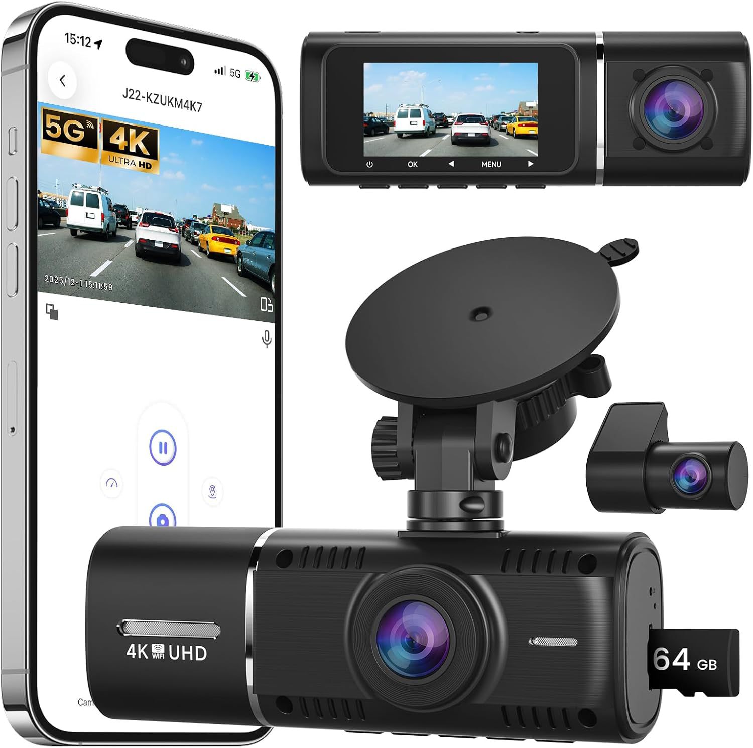 Cross-Border Model 1.97-Inch 4K+1080P Dual-Lens Infrared Night Vision High-Definition Dash Cam for Car Interior and Exterior