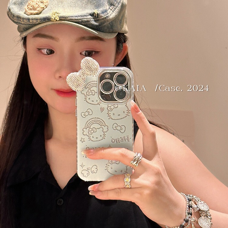 奶蓝色HelloKitty满钻蝴蝶结适用iPhone15promax苹果14手机壳13潮|undefined