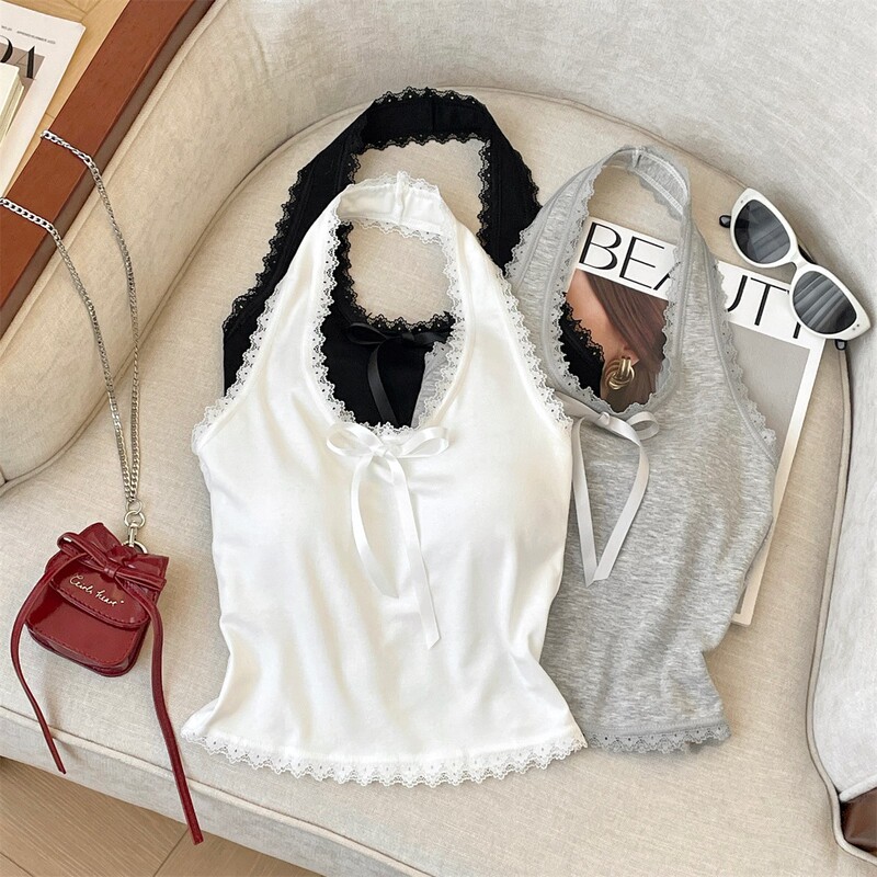 Solid Color Lace Halterneck Camisole for Women Spring & Fall Inner Wear with Breast Pads Pure Lust Style Bottoming Shirt Top Summer Style Solid Color Lace Halterneck Camisole for Women Spring & Fall Inner Wear with Breast Pads Pure Lust Style Bottoming Shirt Top Summer Style