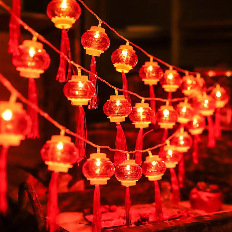 新年春节流苏红灯笼灯串喜庆布置装饰灯元宵节LED太阳能彩灯批发