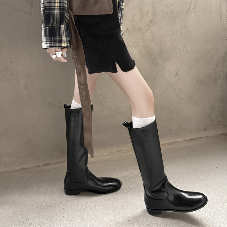 Long-Termism Is Timeless~, Full Cowhide Flats Straight Knight Boots Women's Retro Brown High Knee Boots