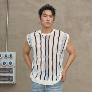 Cross-border Shiying Striped Printed Sleeveless Outer Wear Top for European and American Men Cross-border Slim Crewneck Pullover Vest