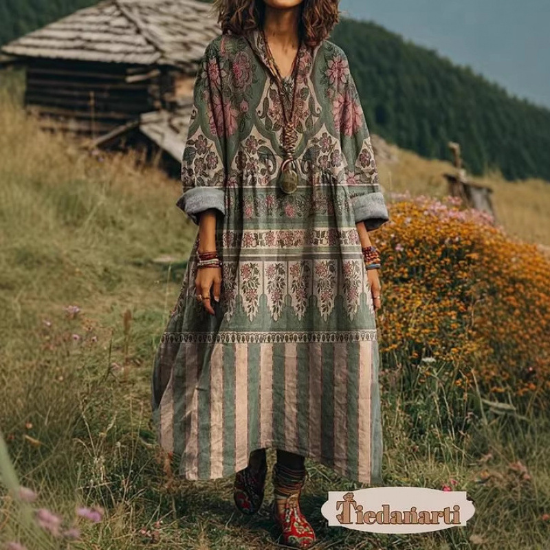 Amazon independent site cross-border new vintage loose casual European and American 3D printed V-neck bohemian dress