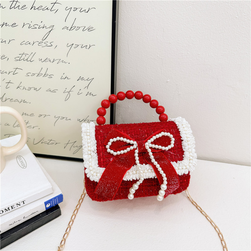 Año Nuevo gran bolso cuadrado rojo para niños bolso de perla bebé lindos bolso de cadena de arco bolso de cambio de niñas