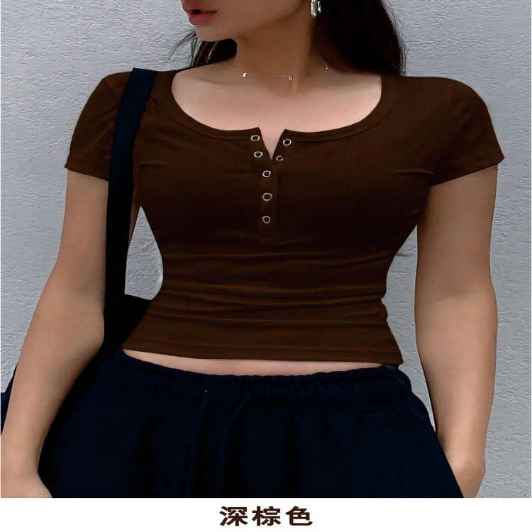 跨境欧美新款女士纯色短袖U领气质上衣罗纹针织半开襟纽扣修身T恤|undefined