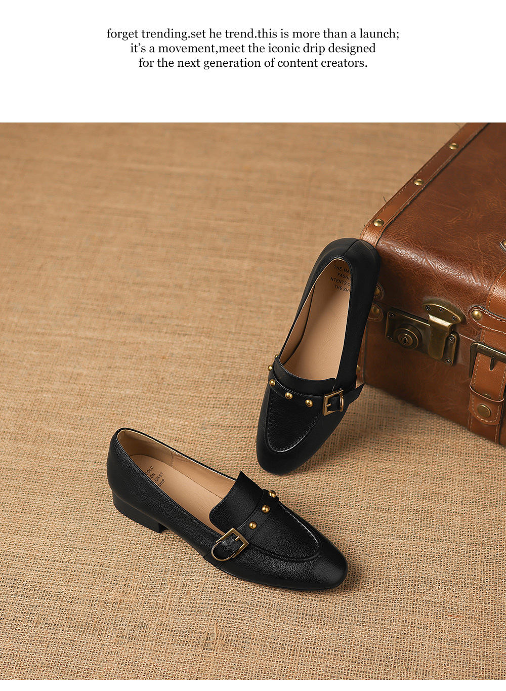 Giày da cừu loafer nữ mũi tròn gót thấp đinh tán — đen chi tiết 19