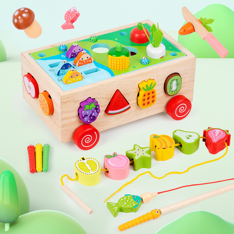 Juguetes educativos de madera del juego del corte de la fruta de la pesca con cuentas educativa de los niños del remolque multifuncional siete en uno