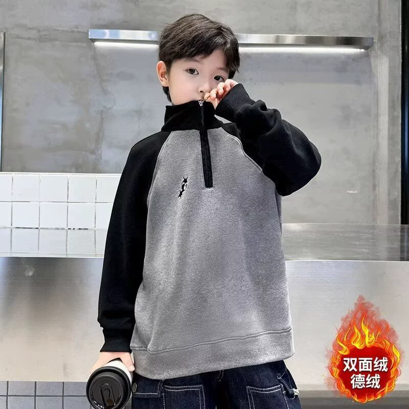 Толстовка для мальчиков Нижняя рубашка осень-зима 2024 новый средний ребенок толстый зимний детский полувысокий воротник на молнии топ