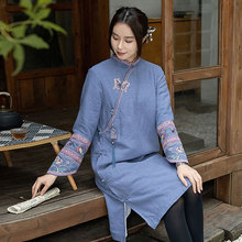 W22MY117冬季民族风复古盘扣中式女装中长款棉衣棉服流苏加绒连衣