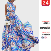 2025春夏欧美新款女装法式长裙雪纺吊带型蓝色高腰气质印花连衣裙