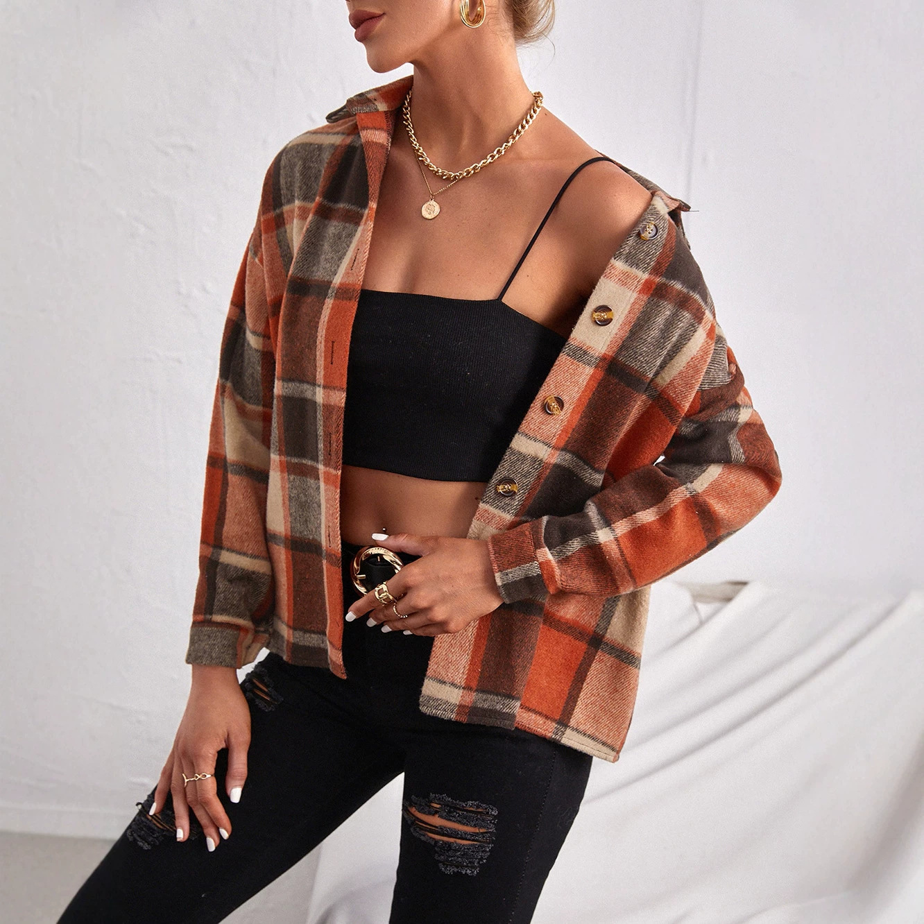 Abrigo de Lana a Cuadros para Mujer de Lana y Poliéster con Solapa y Botones para Otoño e Invierno image 4