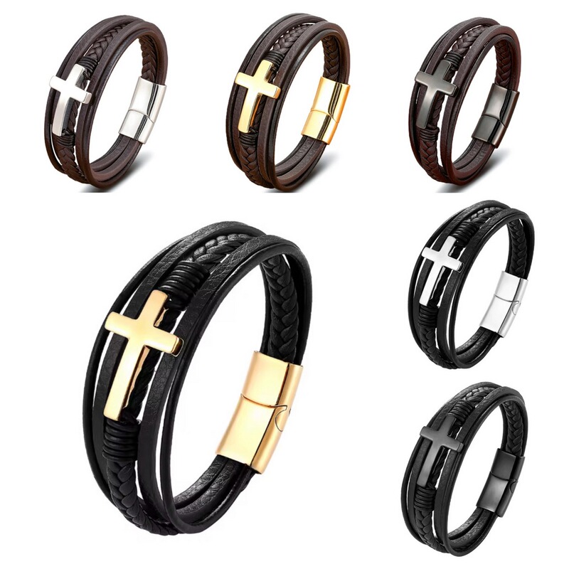 DIY Trendy Cross Leather Bracelet, Men's Leather Bracelet with a High-End Feel, Multi-Layered Woven Fashion Magnetic Clasp Bracelet DIY Trendy Cross Leather Bracelet, Men's Leather Bracelet with a High-End Feel, Multi-Layered Woven Fashion Magnetic Clasp Bracelet