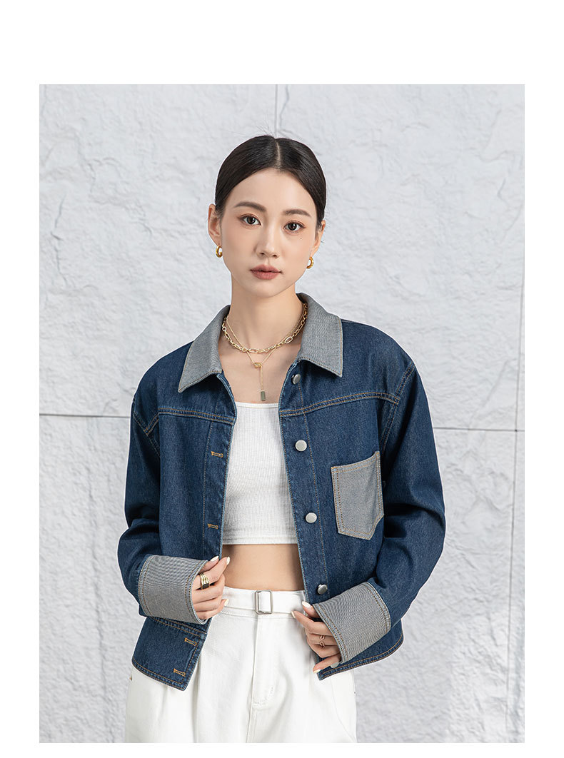Áo khoác denim nữ dáng ngắn cổ bẻ, phong cách Hàn Quốc — Xanh lam hoài cổ chi tiết 20