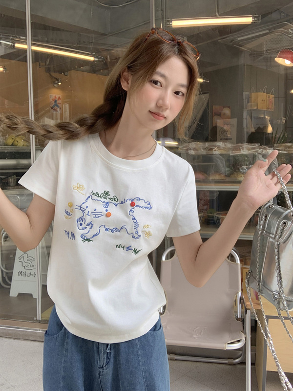 韓国のかわいい猫の刺繍デザイン半袖Tシャツ女性用2025夏の新しいルーズスリムレイジートップ|undefined