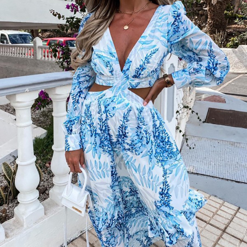 Unique Printed V-neck Long-sleeved Waist Tie Slit Maxi Dress
