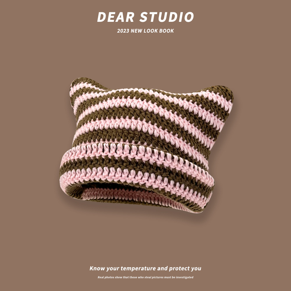 Japonés lindo gato orejas de punto de lana sombrero femenino Otoño e Invierno pequeño diablo a rayas cálido todo-Partido suéter sombrero moda