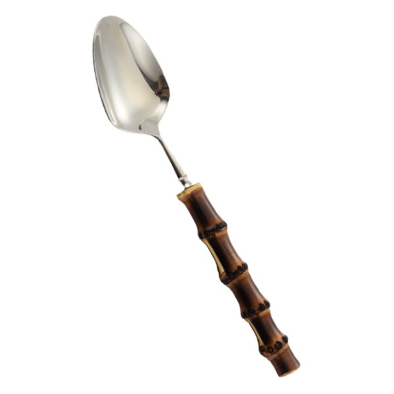 Vajilla de comida occidental Cuchillo y tenedor Cuchara de café Cuchara de helado de postre Mango de bambú Juego de vajilla de acero inoxidable Caja de regalo