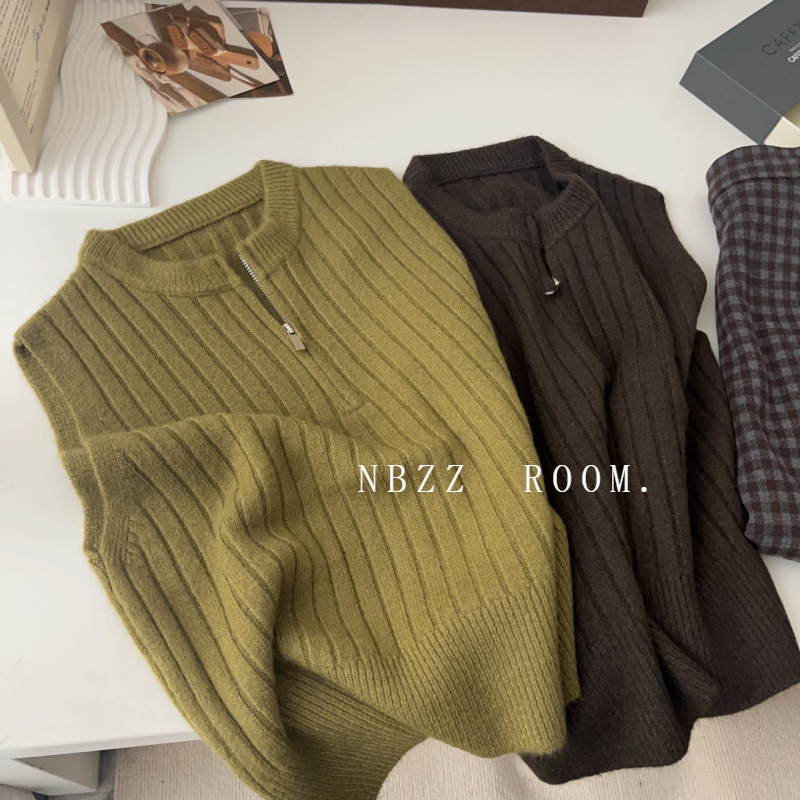 (2개) 가을과 겨울 2024 새로운 복고풍 스타일 세련된 올드 머니 스타일 하프 지프 조끼 스웨터 여성의 단색
