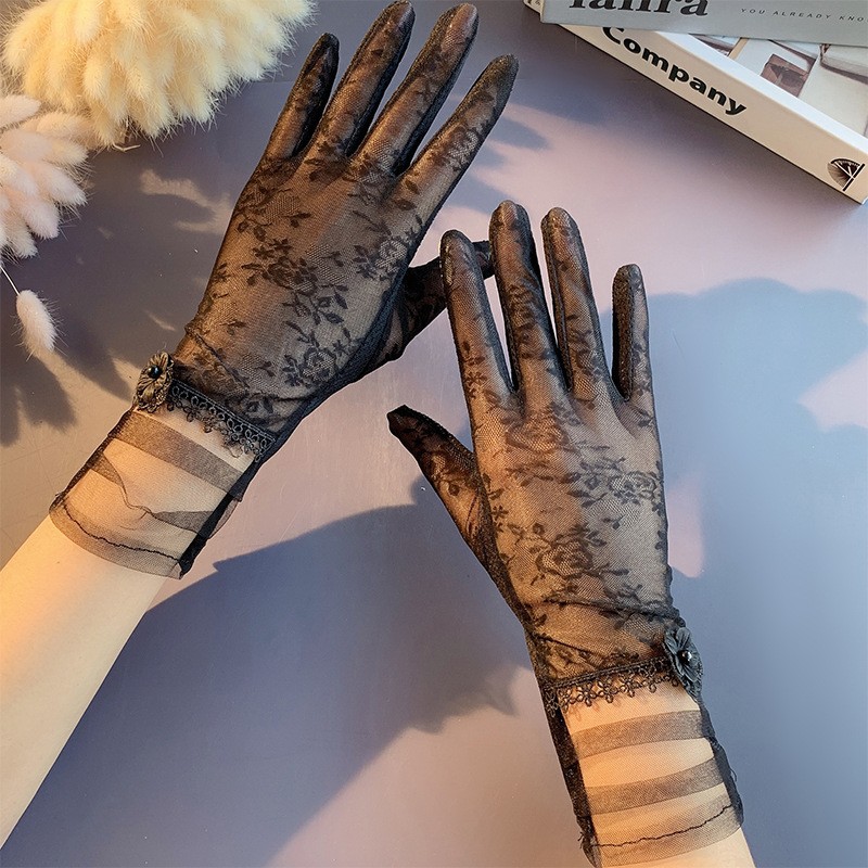 Guantes de protección solar primavera y verano encaje arco guantes de pantalla táctil de conducción de las mujeres transpirable al aire libre protección solar guantes de equitación