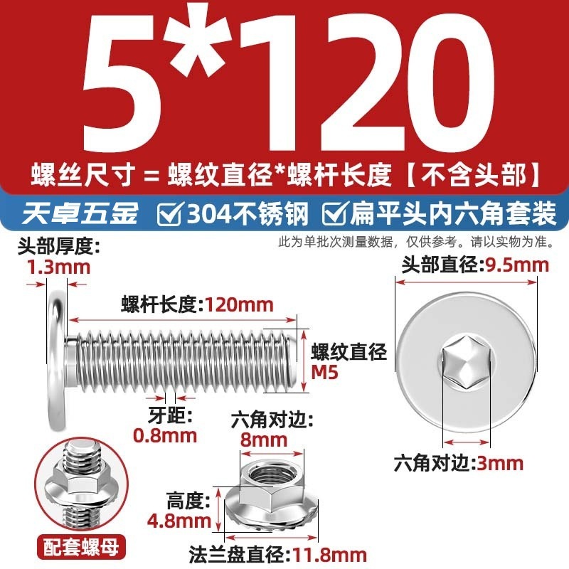 304不锈钢CM大平头超薄头C头扁平头内六角螺丝钉法兰边螺母套装M5|undefined