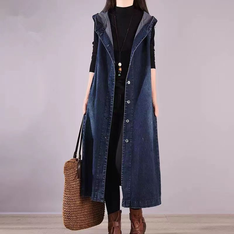 2025 Spring and Autumn Korean Style Plus Size Loose Long Denim Sleeveless Hooded Vest Over-The-Knee Women's Top